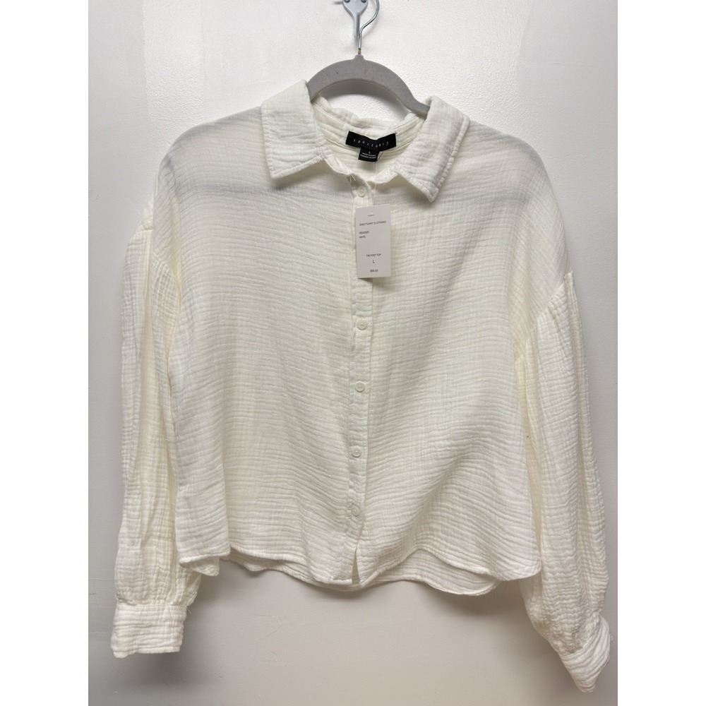 Sanctuary White "The Poetâ Top" Gauze Large Button Up Collar New Long Sleeve #34